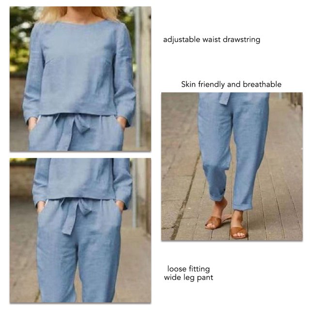 Women's Spring Autumn 2 Piece Neck Casual Long Sleeve Drawstring Waist Wide Leg Pant Suits With Pockets