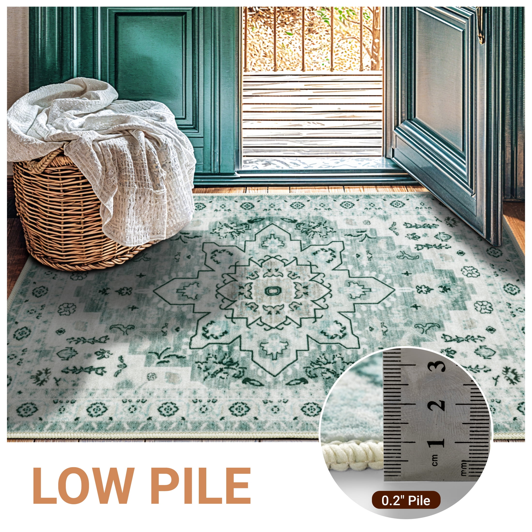 Sonoro Kate 2x3 Area Rugs for Living Room Bedroom, Non Slip Boho Machine Washable Indoor Floor Carpet, Green