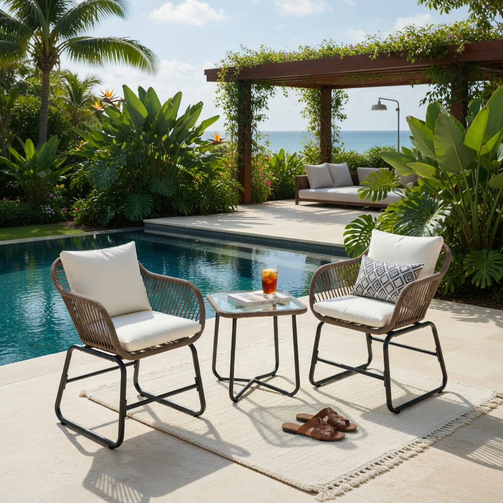Hommoo 3-Piece Outdoor Rattan Bistro Set with Cushions, Weather-Resistant PE Wicker Armchairs + Tempered Glass Table for Patio, Balcony, Poolside, White