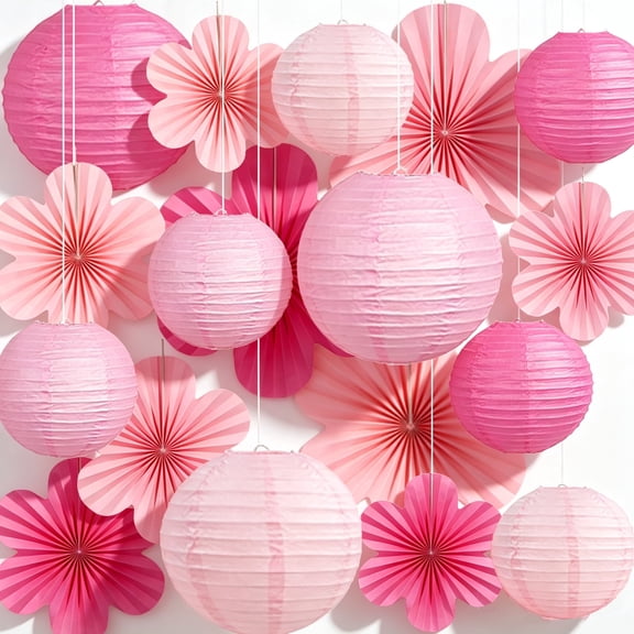 Pink Party Decorations, 18Pcs Hot Pink Paper Lanterns & Flower Fans Set | layered hanging decor for girls birthdays, bridal showers, baby showers, weddings, and girls night parties