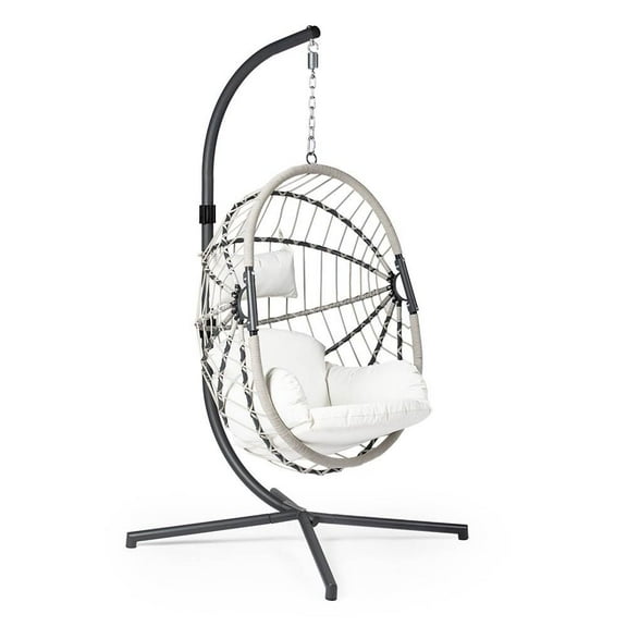 Ash & Ember Caspian Patio Rattan Wicker Hanging Basket Chair with Steel Frame Stand, Cream UV Cushions