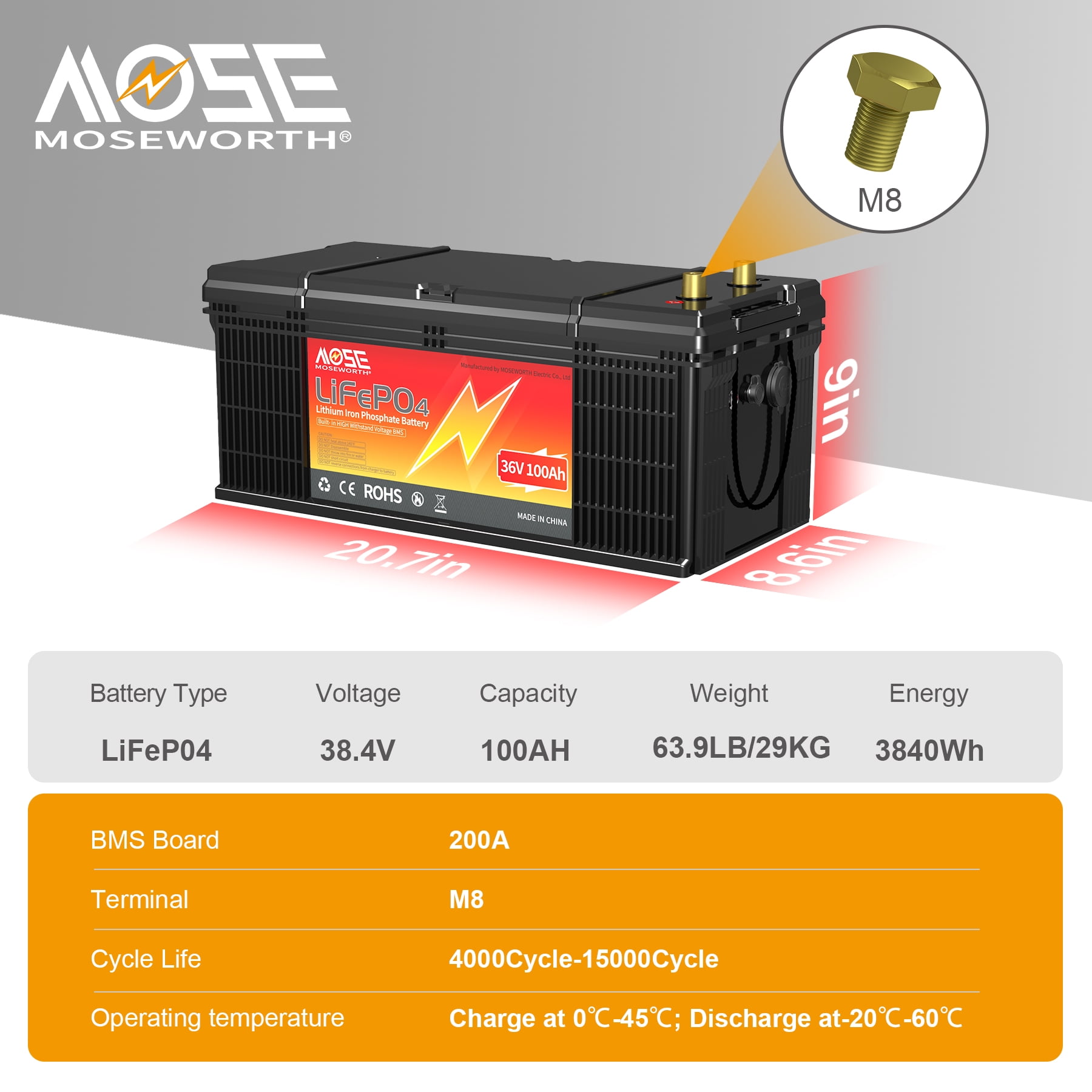 36V 100Ah LiFePO4 Battery,200A BMS,MOSEWORTH for Golf Carts,RV,Marine,Trolling Motor,Solar,Camping,Boat,15000+Deep Cycles Battery with a Charger