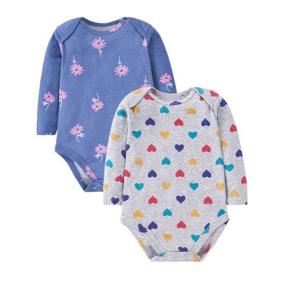 WIBACKER Baby Girls' 100% Cotton Long Sleeve Print Bodysuit 6 9 12 18 24 Months, Pack of 2, Dot+Floral