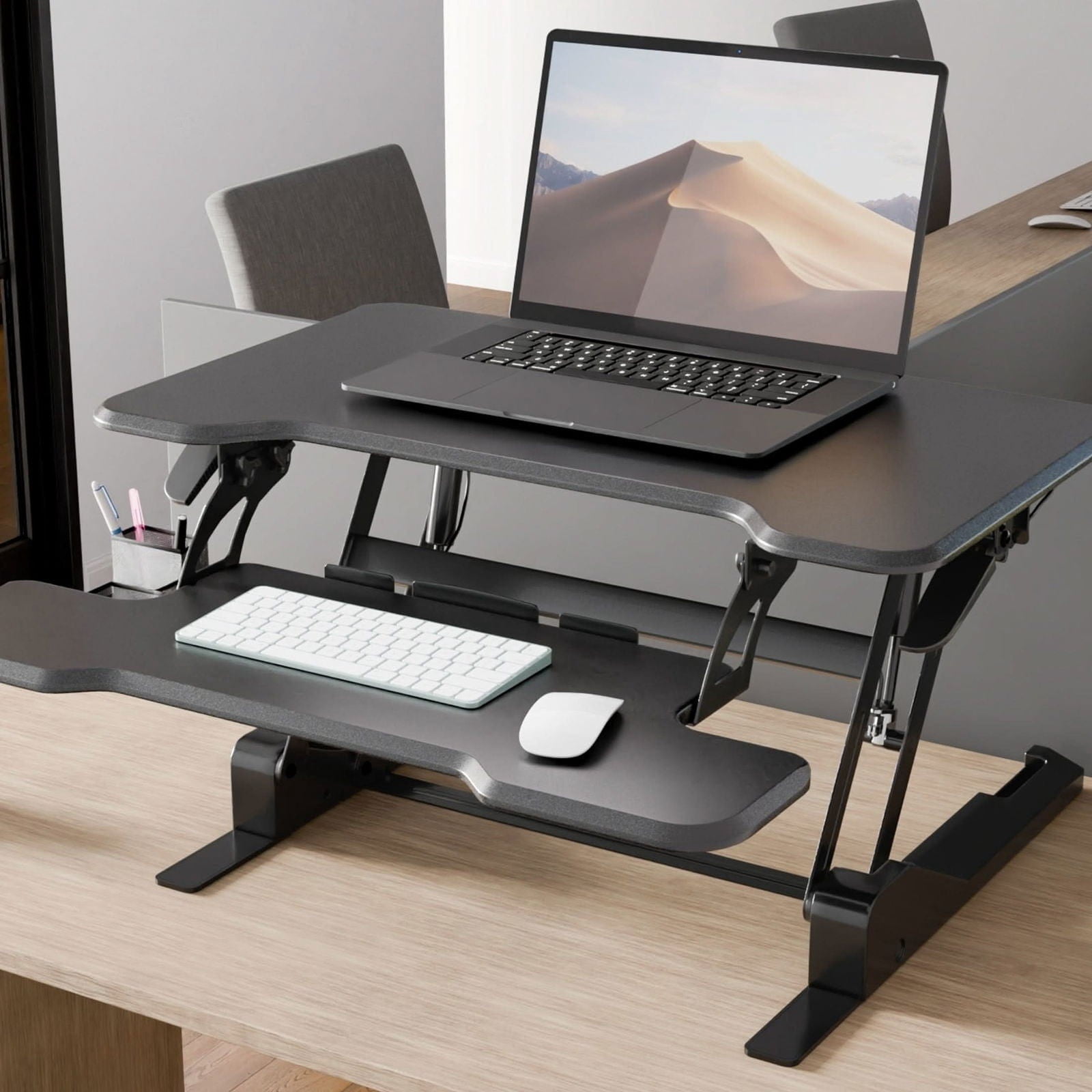 30'' Compact Standing Desk Converter – Height Adjustable Sit Stand Riser with Keyboard Tray, Gas Spring Lift – Ideal for Small Spaces, Home or Office, Black
