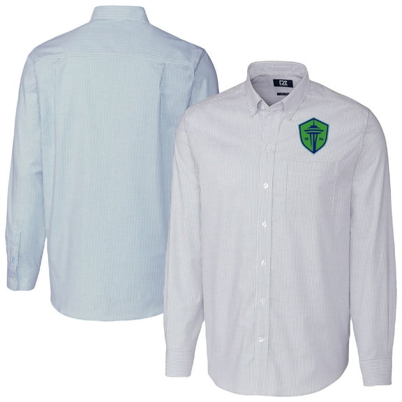Men's-Cutter & Buck  Light Blue Seattle Sounders FC Stretch Oxford Stripe Tri-Blend Long Sleeve Button-Down Shirt