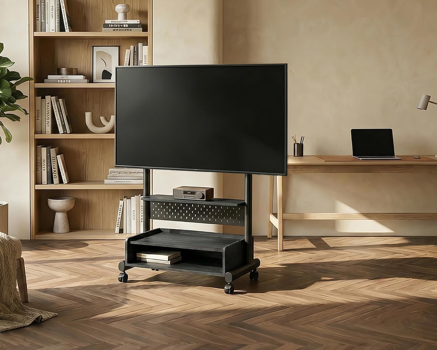 FITUEYES Rolling TV Stand for 40–85 Inch TVs, Black, Storage & Pegboard
