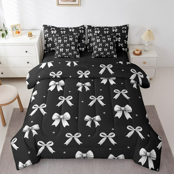 Erosebridal Grey Cool Bow Bed in a Bag Twin size, Cartoon Ribbon Bed Set, Princess Reversible Bedding Twin Size, Ultra Soft Room Decor, 7-Piece