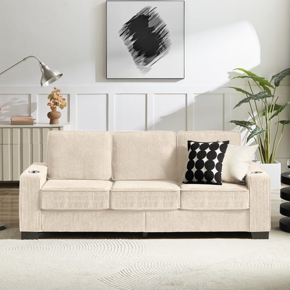 Miekor Furniture 83.86"Corduroy Fabric sofa,Modern Compressed Couch,3-Seater Sofa, Furniture for Living Room,Bedroom,office ,Beige No3604