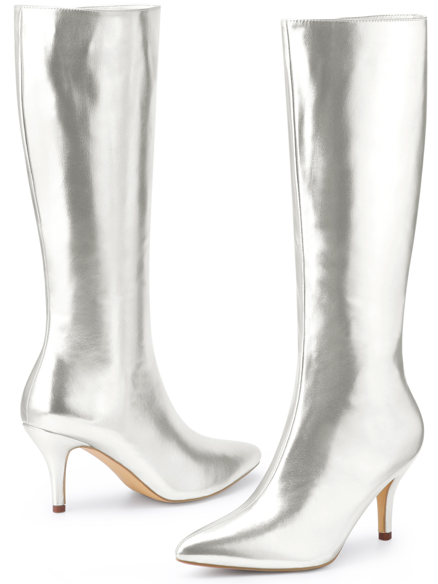DARING DIVA Women's Pointed Toe Stiletto Heels Shiny Knee-high Boots Silver 9