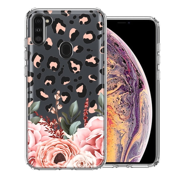 MUNDAZE Case For Samsung Galaxy A11 Classy Blush Peach Peony Rose Flowers Leopard Phone Cover