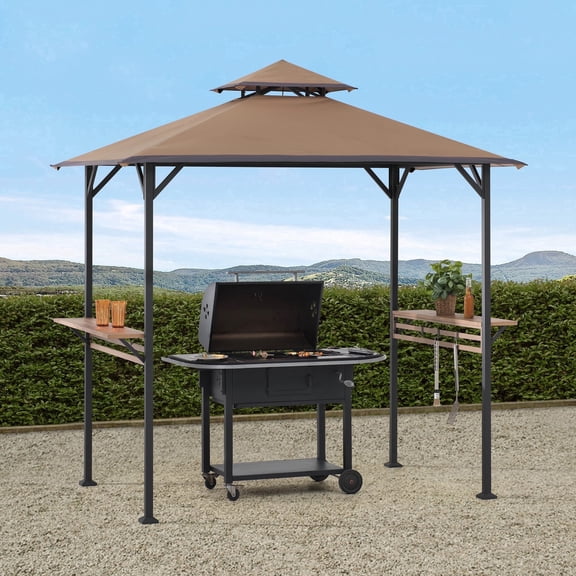 Sunjoy 8 x 5 ft Grill Gazebo with Double Tiered Canopy Roof, Black Steel Frame Grill Gazebo for Outdoor, Patio, Garden, and Backyard Activities, Khaki