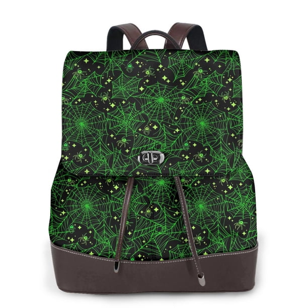Balery Green Bright Web with Spiders Mochila de Cuero para Mujeres, Gran Capacidad, Bolsa de Viaje Multifuncional, Mochila de Cuero y Bolsa de Hombro para Mujeres
