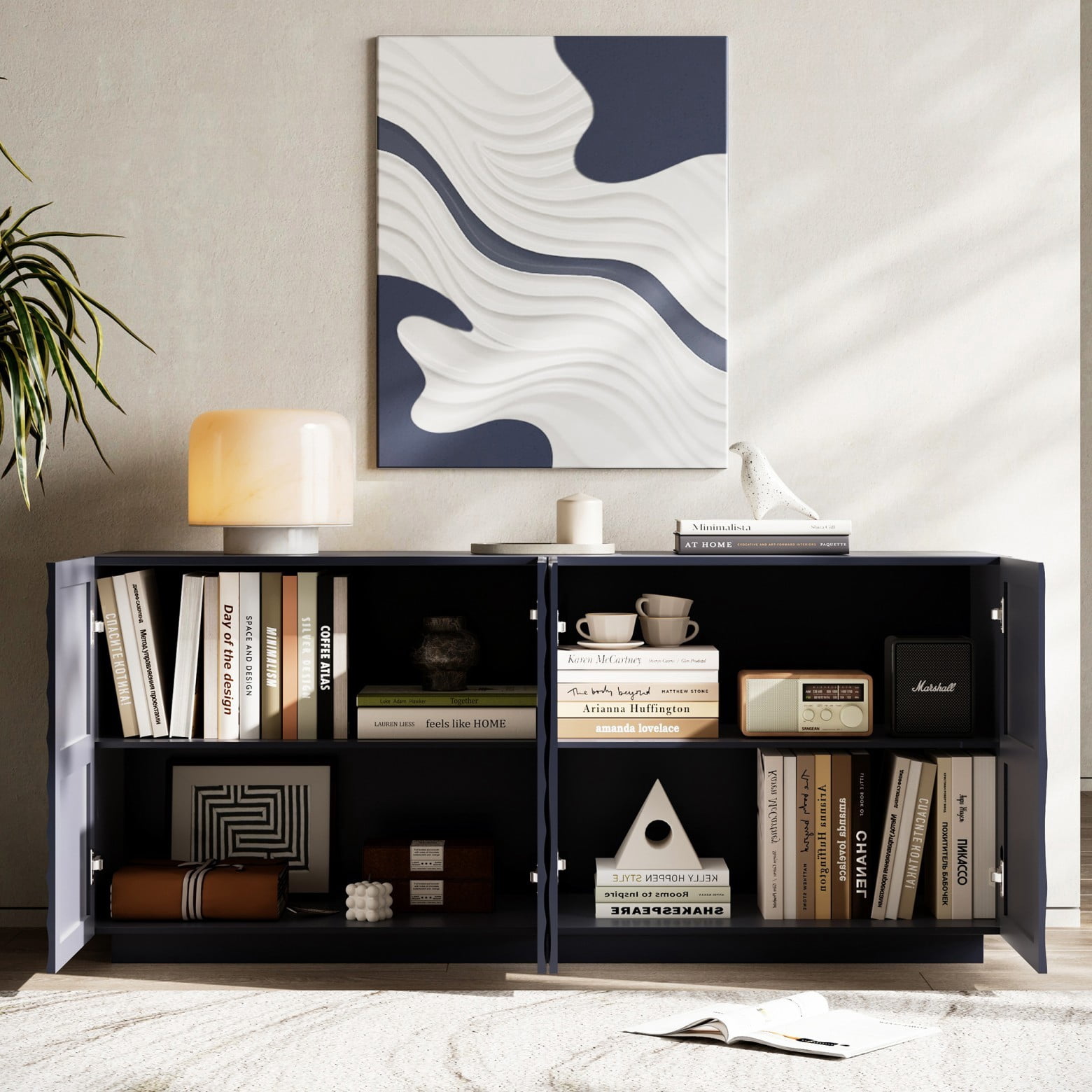 Modern 59" Buffet Cabinet with Storage, 4-Door Wave Textured Sideboard, Black Accent Console Table, Floor Standing Credenza for Living Room Kitchen, Navy Blue