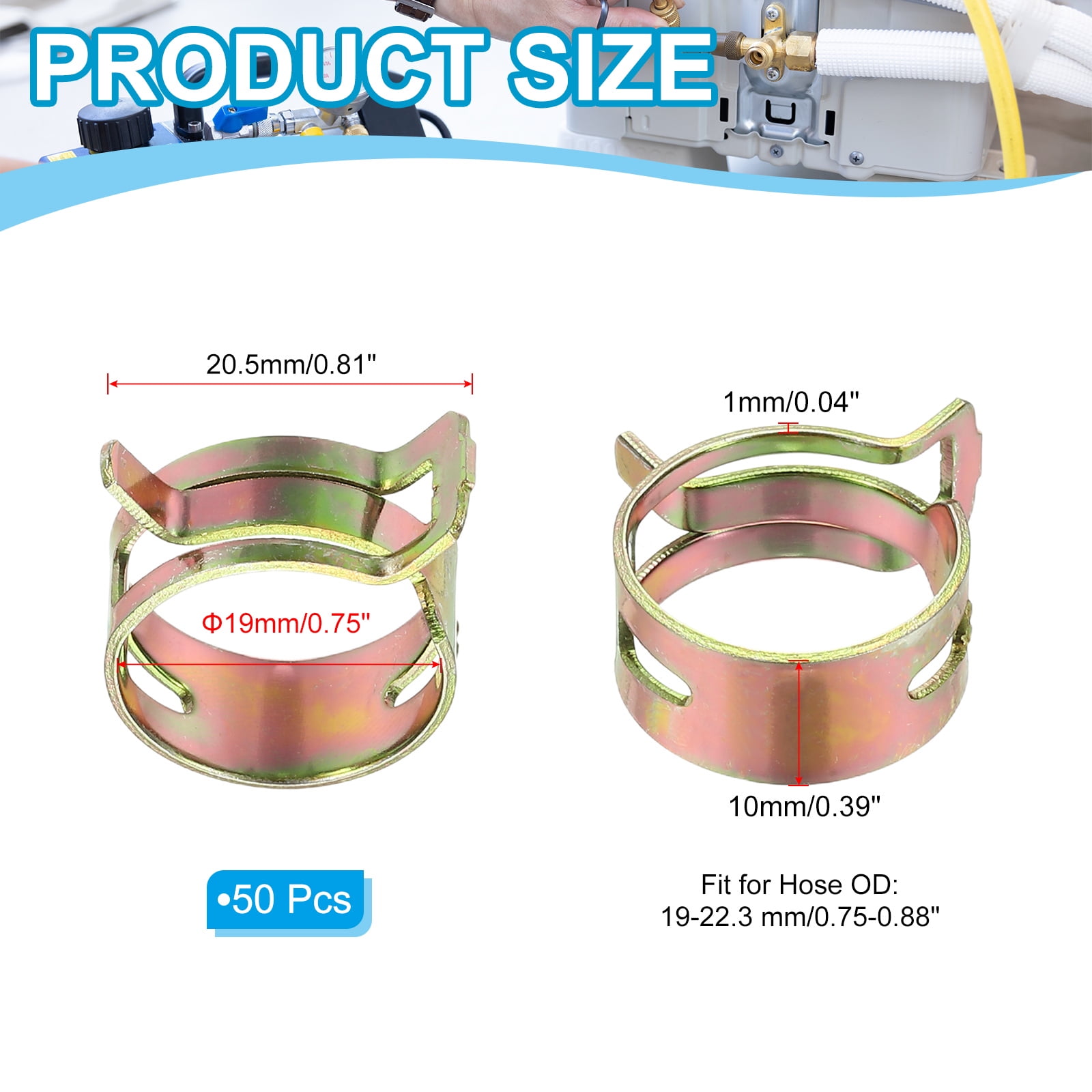 Spring Band Hose Pipe Clamps for 19-22.3 mm OD Hose, 50 Pack Tension Band Clips for Fuel Line Tube Water Pipe, Gold