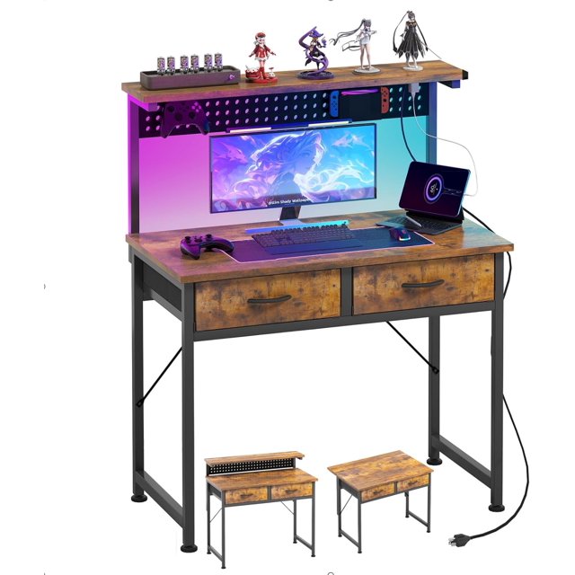 Petit Bureau avec Panneau Perforé et Tiroirs, Bureau de Jeu avec Lumière DEL Réglable, Bureaux de Bureau à Domicile pour Petite Chambre, Support de Montée d'Écran Réglable et Station de Recharge, Tiroirs en Tissu