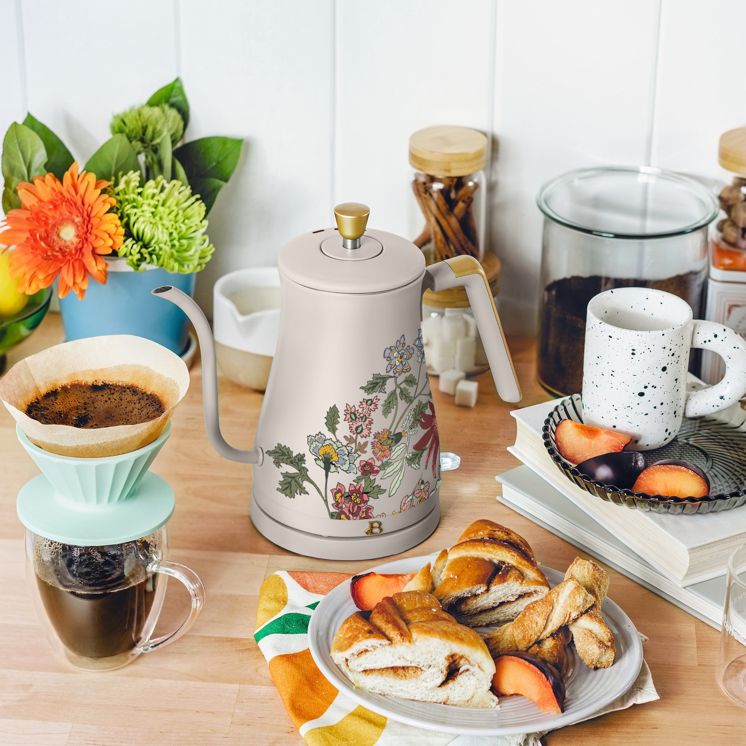 Beautiful 1-Liter Electric Gooseneck Kettle 1200 W, Wildflower Porcini Taupe by Drew Barrymore