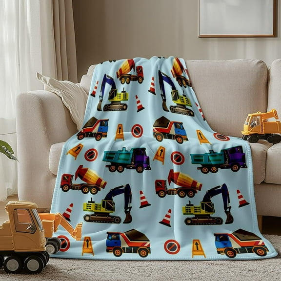 Construction Truck Print Blanket 59"x51" Funny Excavator Throw Blankets Gifts for Men Women Soft Flannel Plush Blankets Full Seasons Cozy Fuzzy Blanket for Bedroom Living Room Sofa Couch Blue