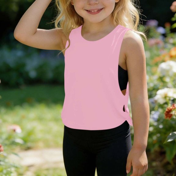 ITSAME Girls Tank Tops Side Hollow Out Round Neck Lightweight Summer Casual Athletic Shirts Pink Size 8-9