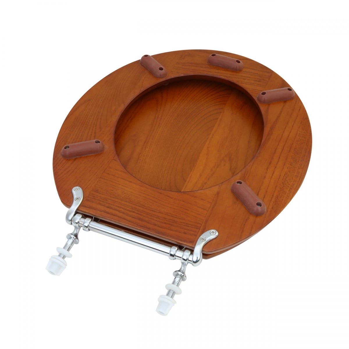 Wooden Round Toilet Seat in Light Mahogany Finish w/Chrome Hinges Easy Clean Wood Toilet Seats w/Soft Bumper Stabilizers | Renovators Supply