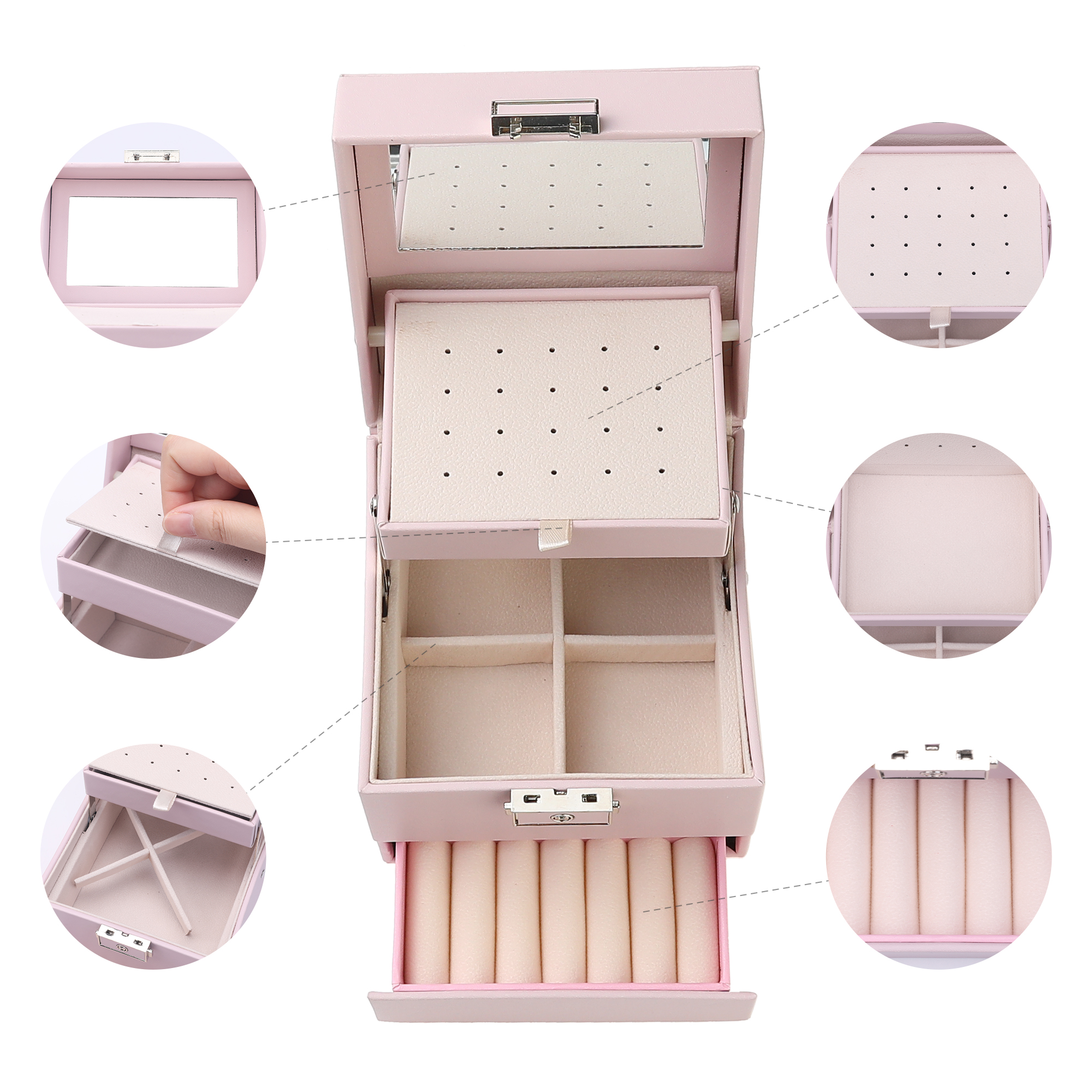 Unique Bargains 3 Layer Jewelry Box with Mirror PU Leather Jewelry Organizer for Women Pink