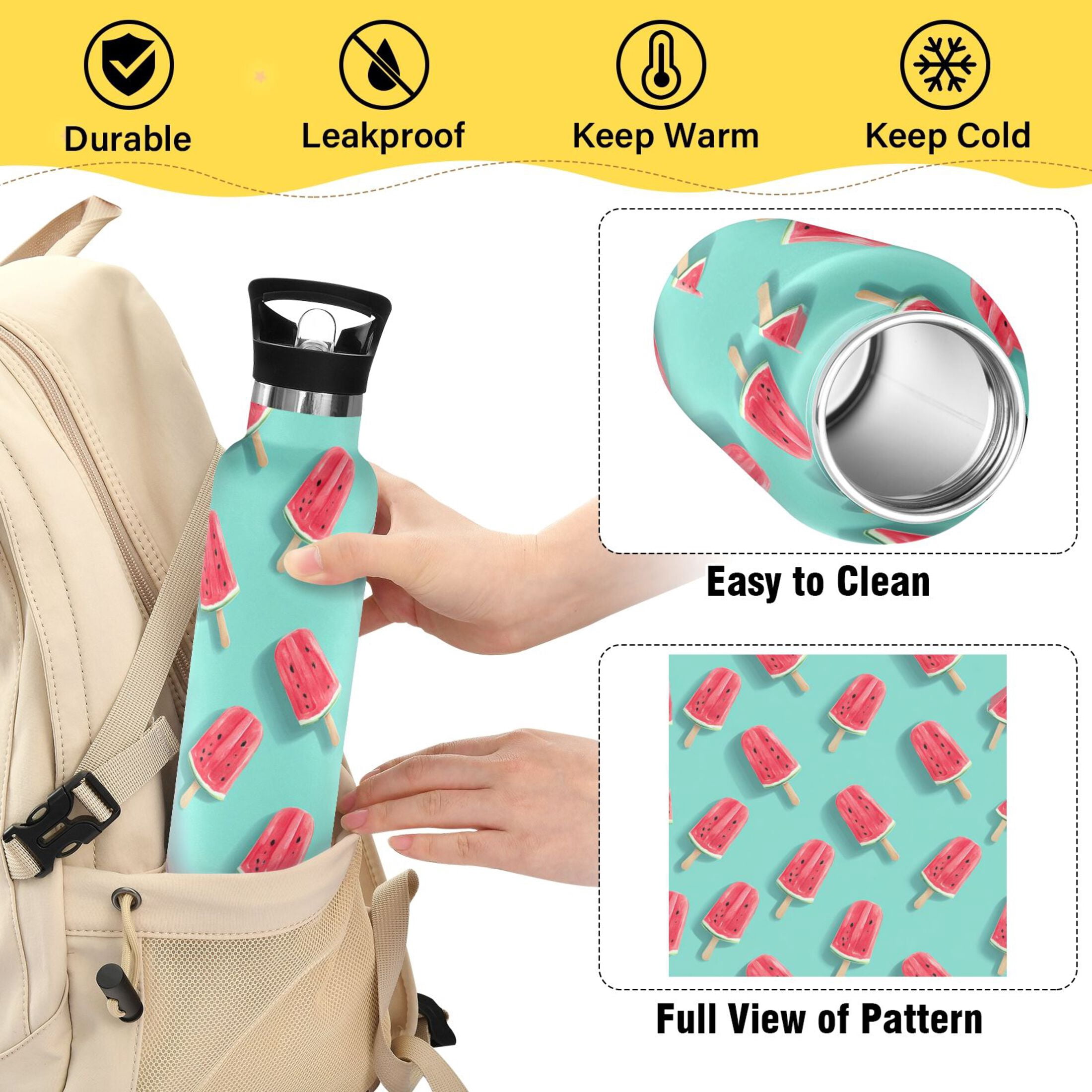 Kids Insulated Stainless Steel Sports Water Bottle 600ml Watermelon Popsicle Pattern