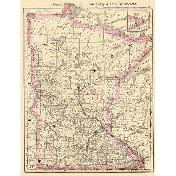 Historic State Map - Minnesota - Rand McNally 1879 - Vintage Wall Art