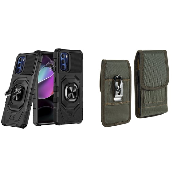 Case with Belt Holster Bundle for Moto G 5G 2022: Heavy Duty Shield Cover (Black) and Vertical Rugged Nylon Phone Pouch (Midnight Green)