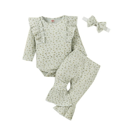 

Newborn Floral Outfits Toddler Fly Sleeve Round Neck Romper with Flared Pants and Bowknot Headband