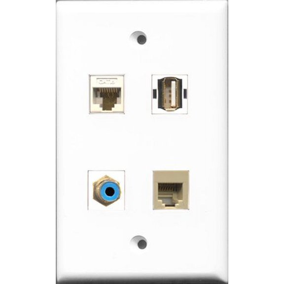 RiteAV 1 Port RCA Blue and 1 Port USB A-A and 1 Port Phone RJ11 RJ12 Beige and 1 Port Cat6 Ethernet White Wall Plate