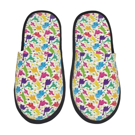 Balery Colorful Dinosaurs Slient Indoor Furry Fleece Comfort House Shoes Soft Non-Slip Home Shoes Cotton slippers House Slippers-- Medium