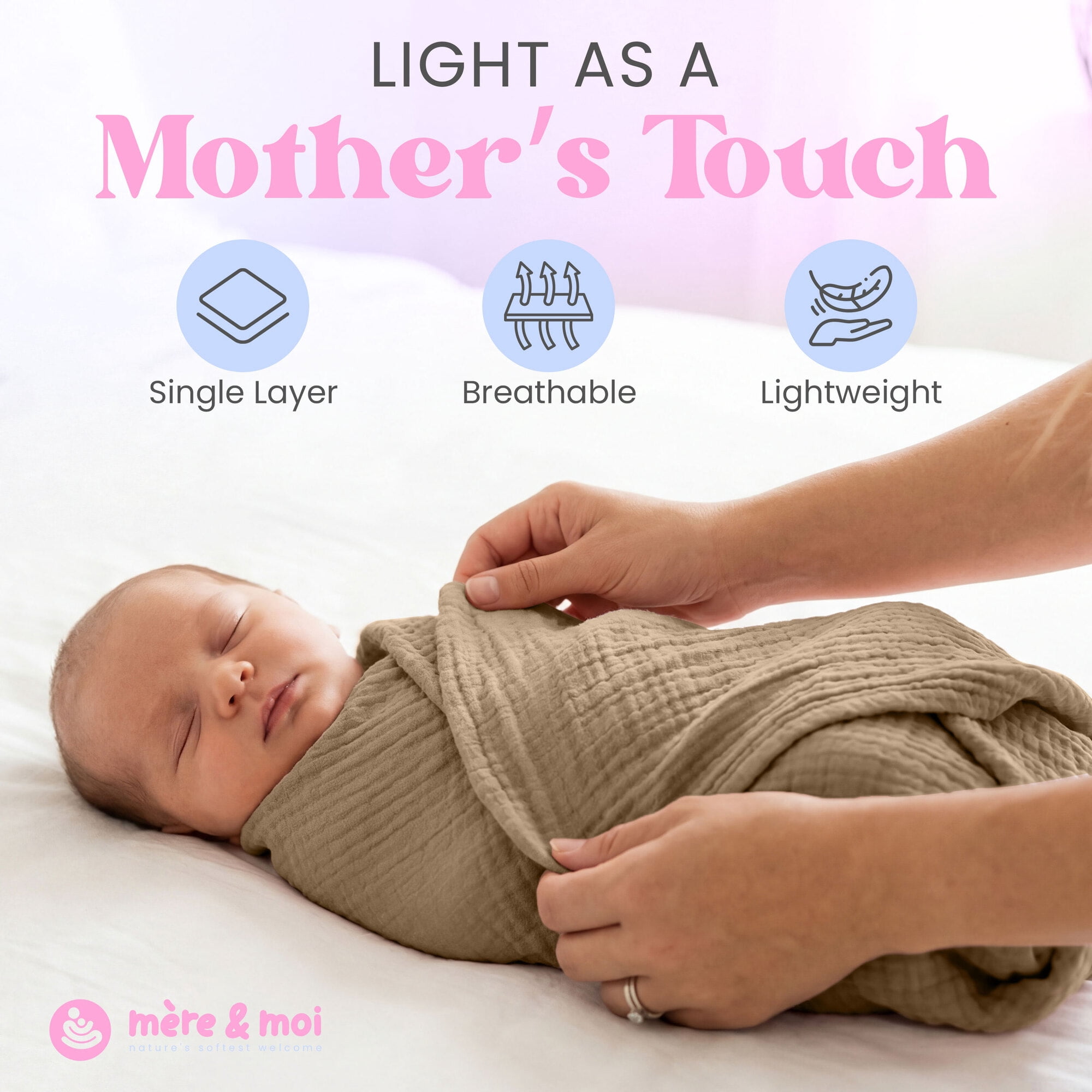 Mère & Moi: Muslin Baby Blanket – 2 Pack, Sand & Cream - 40x36", Double Layer Cotton Swaddle, Lightweight-Breathable, Oeko-TEX, Newborn-Toddler Wrap