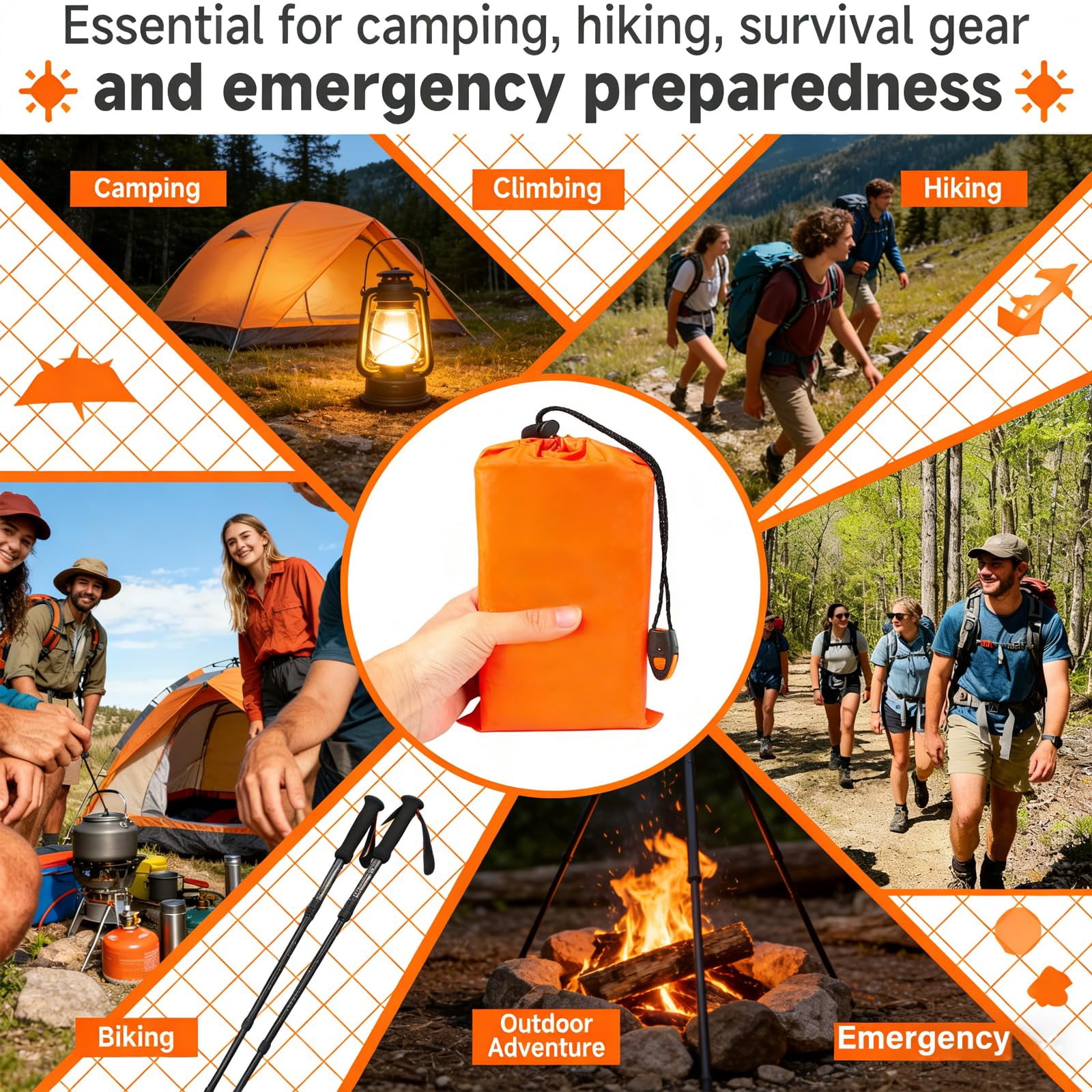 2-Pack Blanket, Sleeping Bag, Emergency Sleeping Bag Survival, Waterproof, Compact Lightweight, Emergency Mat for Survival Kit Car Camping Gear Hiking Go (2, Orange)