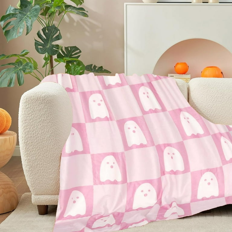 XEOVHV Cute Ghost Pumpkin Pink Blanket Halloween Lightweight Throw