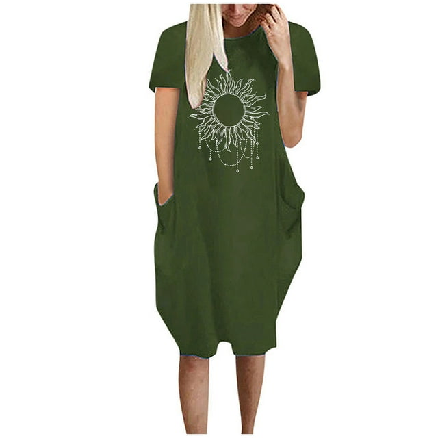 Robes d'Été pour Femmes Manches Courtes Décontractées T-Shirts Robe Imprimée Col Rond Confortable Longueur Genou avec Poches A1