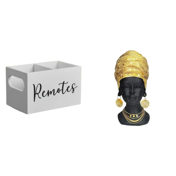 Organizador de almacenamiento de escritorio,Soporte para control remoto de TV de madera,Organizador remoto con 2 compartimentos,Estatua de mujer africana,Estante de oficina con estatua de mujer