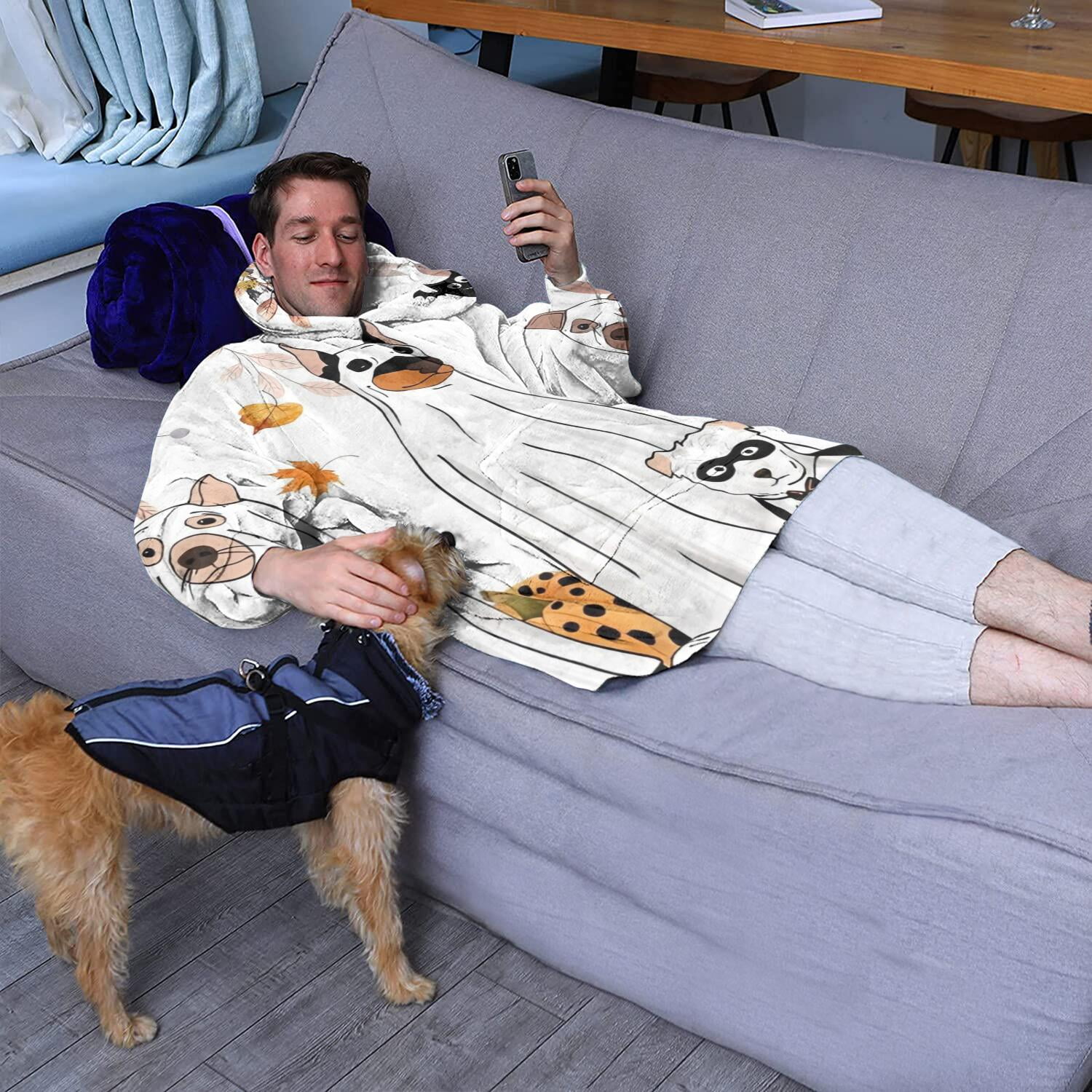Wearable Oversized Blanket,Halloween Dogs in Ghost Costumes Wearable Blanket Hoodie for Adults,Cozy Hooded Blankets with Super Pockets,Super Warm Fuzzy Pullover for Women & Men