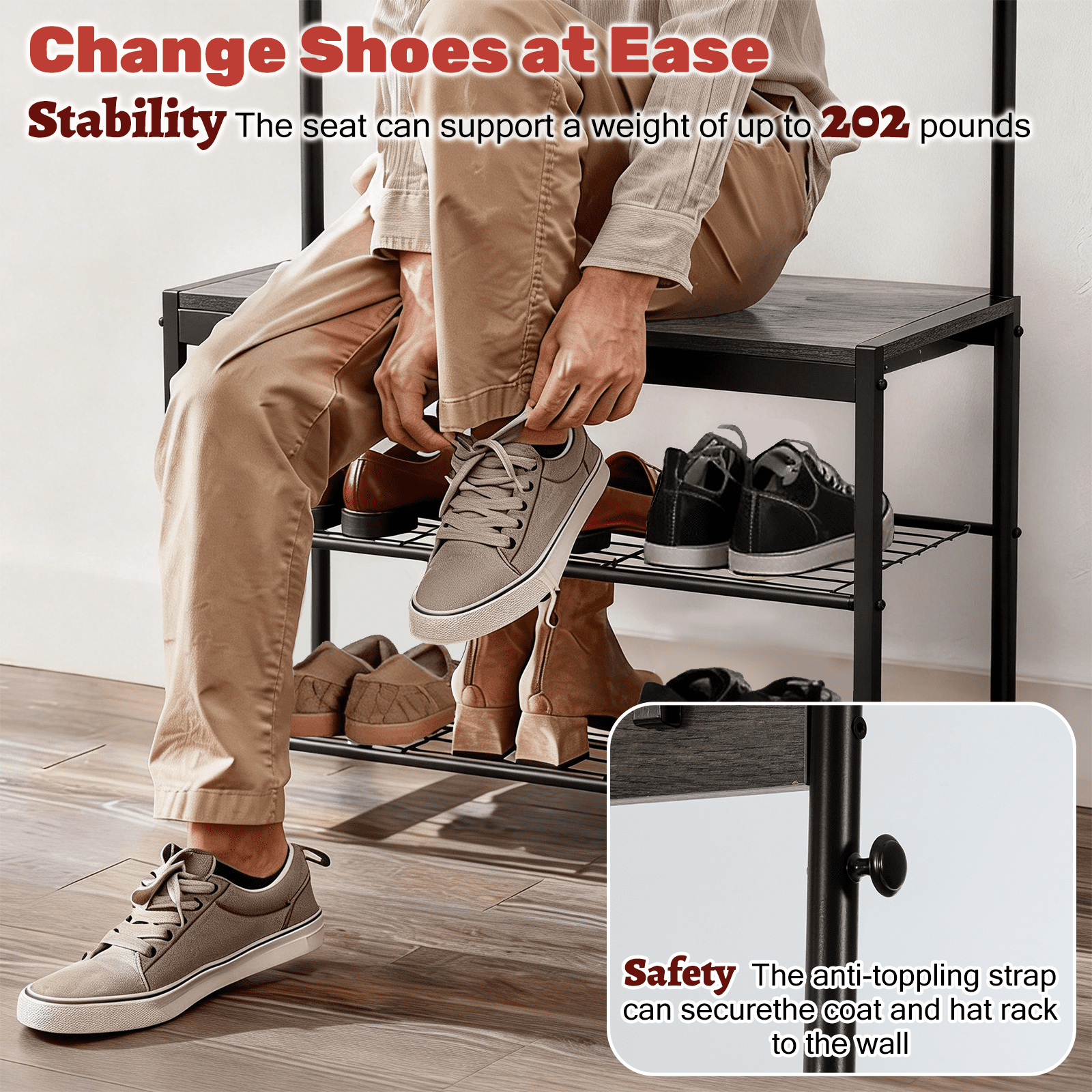 ZIVACATE Coat Rack, Hall Tree with Shoe Storage Bench, Entryway Bench with Shoe Storage, 4-in-1, Steel Frame, for Entryway, 28.35 x 13.27 x 72.05 in,Grey