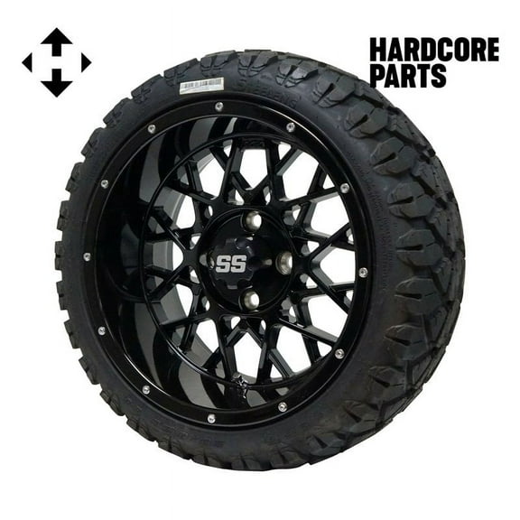 Hardcore Parts 14" Black 'Venom' wheel Golf Cart Wheels and 20"x8.5"-14 STINGER On-Road/Off-Road DOT rated All-Terrain tires - Set of 4, includes Black 'SS' center caps and 1/2x20 Black lug nuts