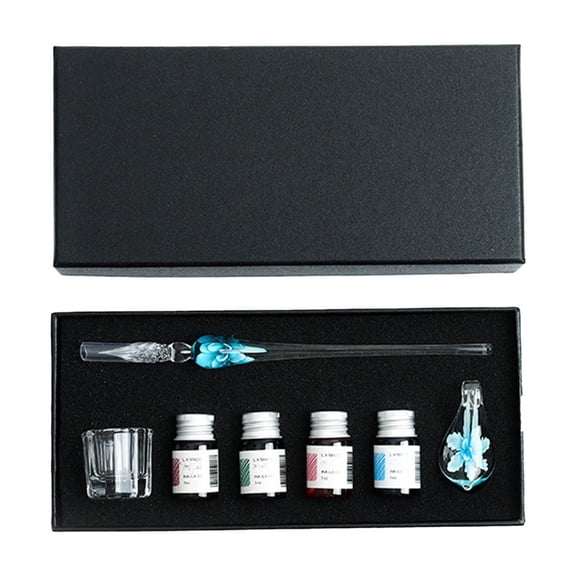 AZXY Blue Flower Glass Dip Pen Set, Premium Crystal Writing Kit with Ink Bottles, Pen Rest & Cleaning Cup, Decorative Glass Pen for Art Writing, Signatures & Gifting