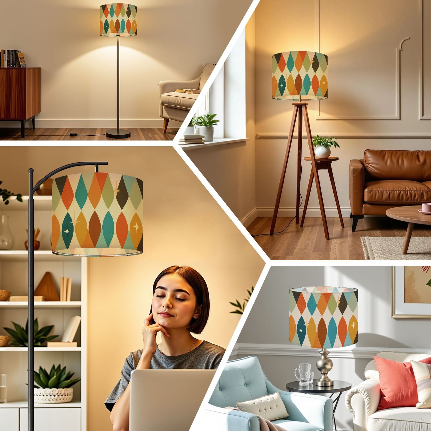 Linen Drum Lampshades Mid century modern atomic age teal orange Ideal for 13"x13"x10" Light Shade for Table Lamps Floor Lamps Drum Lamp Shades Lampshade Replacement Assembly Required