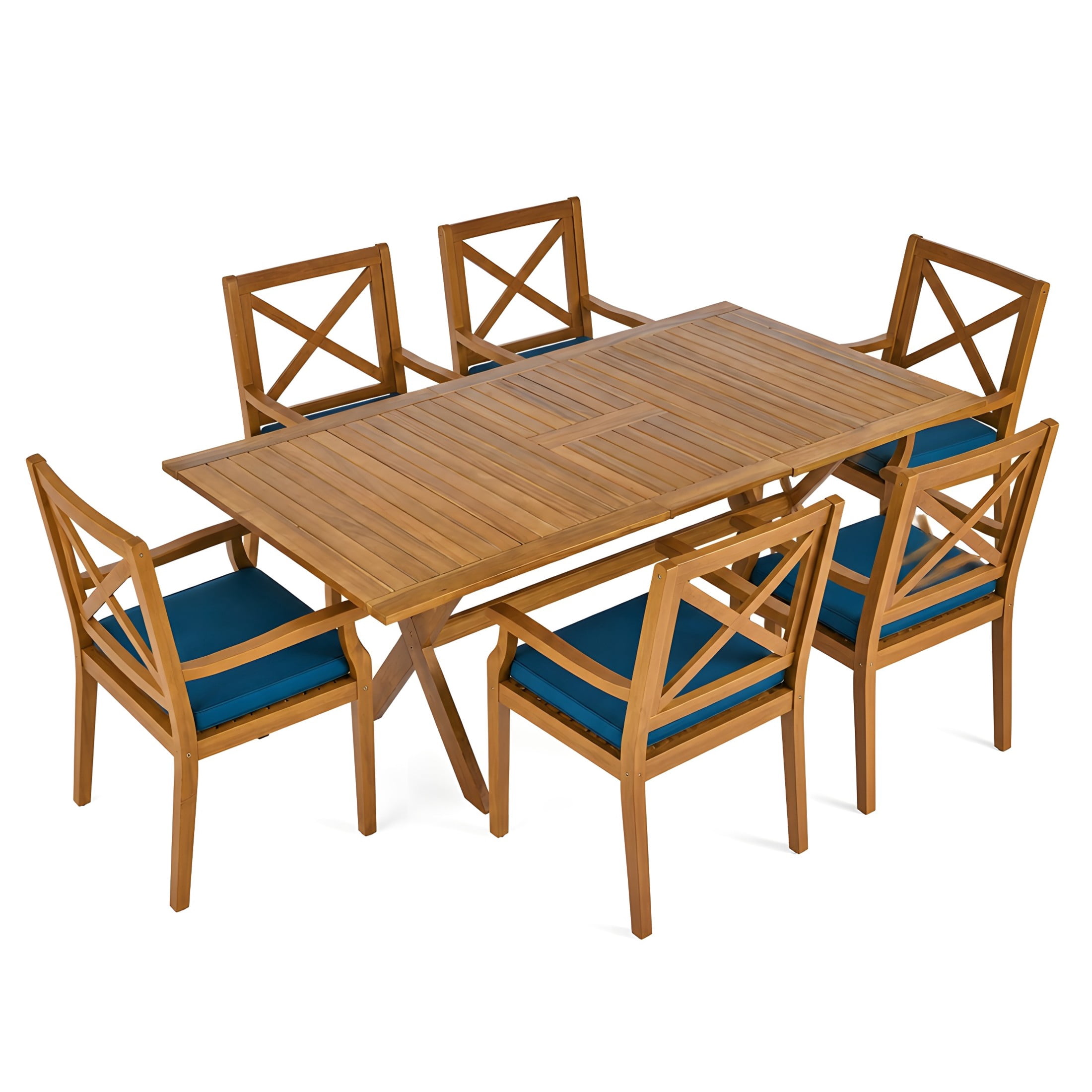 Christopher Knight Home 7-Piece Outdoor Wood Dining Set, Extendable Table with Rustic Chairs, Teak+Blue