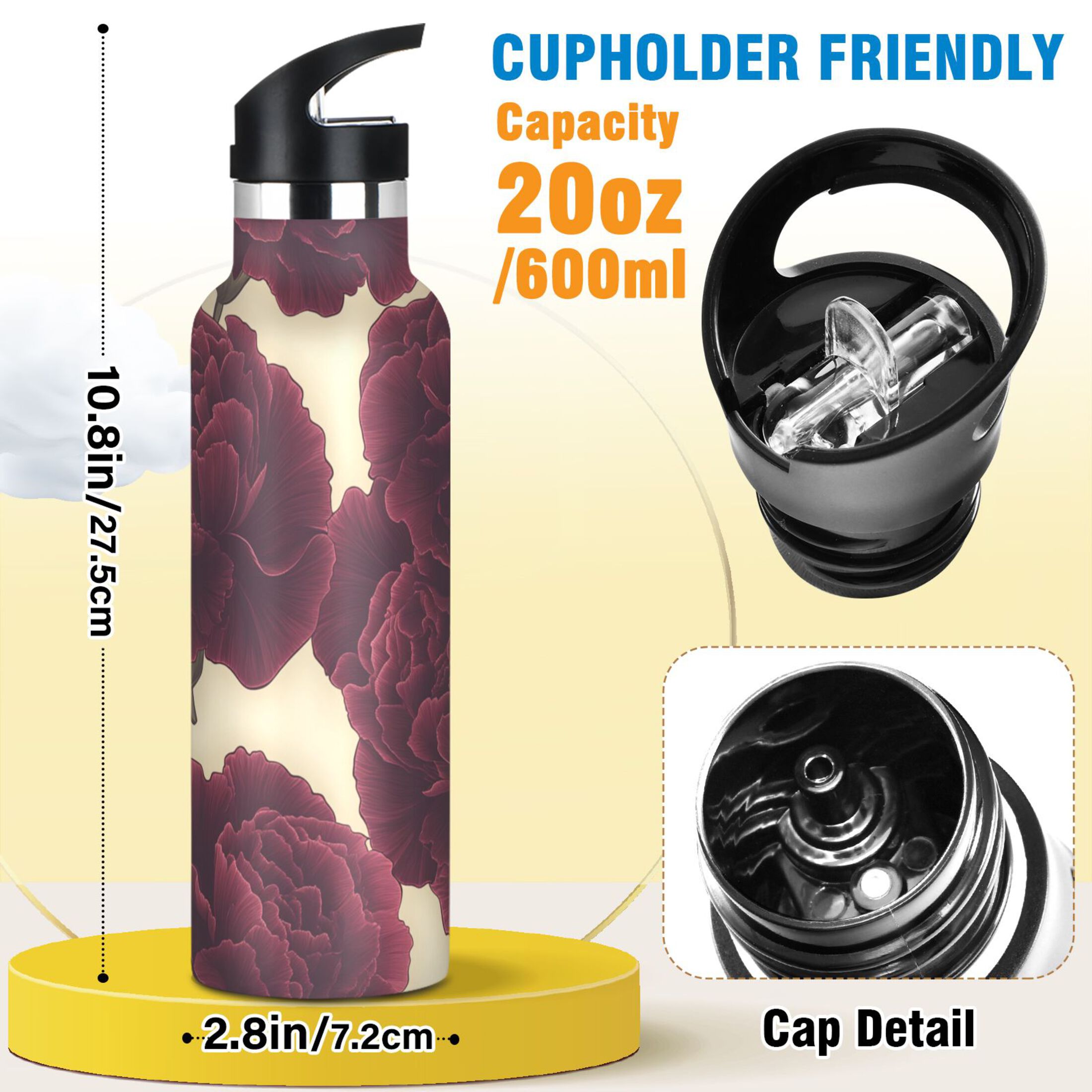 Kids Insulated Stainless Steel Sports Water Bottle 600ml (20oz) Dark Red Carnations