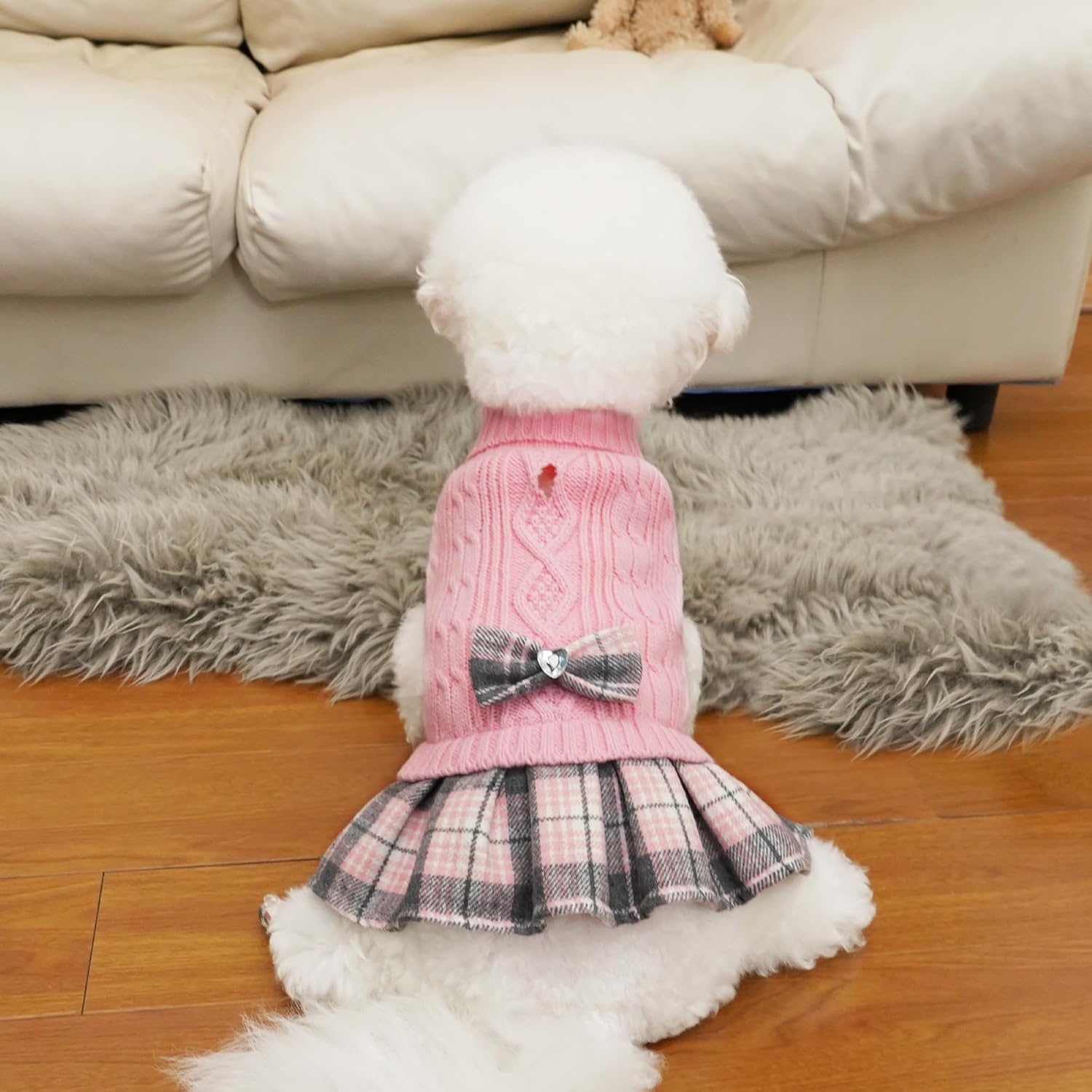 Girl Dog Sweater Dress with Bowtie Turtleneck Small Dogs Sweater with Leash Hole, Knitted Small Dog Sweaters Dress Puppy Winter Clothes for Yorkies Chihuahua (Large, Pink)