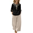 thumbnail image 2 of Women's Two Piece Outfit Set Embroidered Linen Blended 3/4 Sleeve Bohemian Top and Wide Leg Pants for Women Daily, 2 of 5