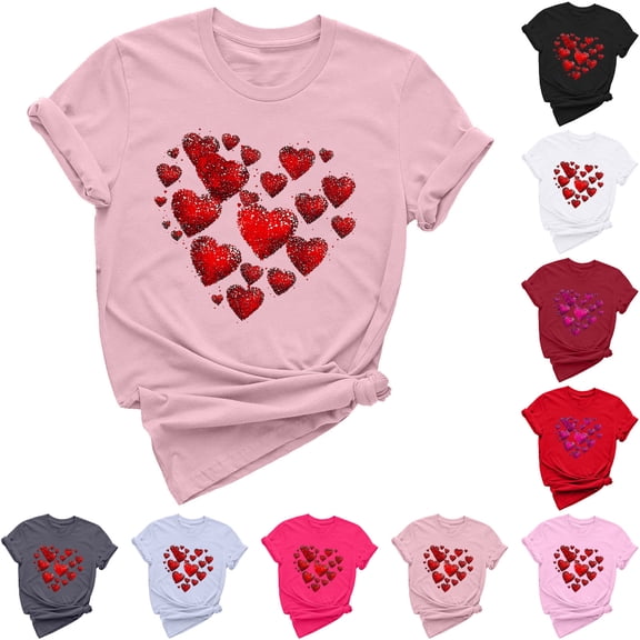VKOYWKM Valentines Day Heart T-Shirts for Women Love Heart Print Tees Short Sleeve Casual Crew Neck Love Heart T-Shirts Happy Valentines Day Shirts