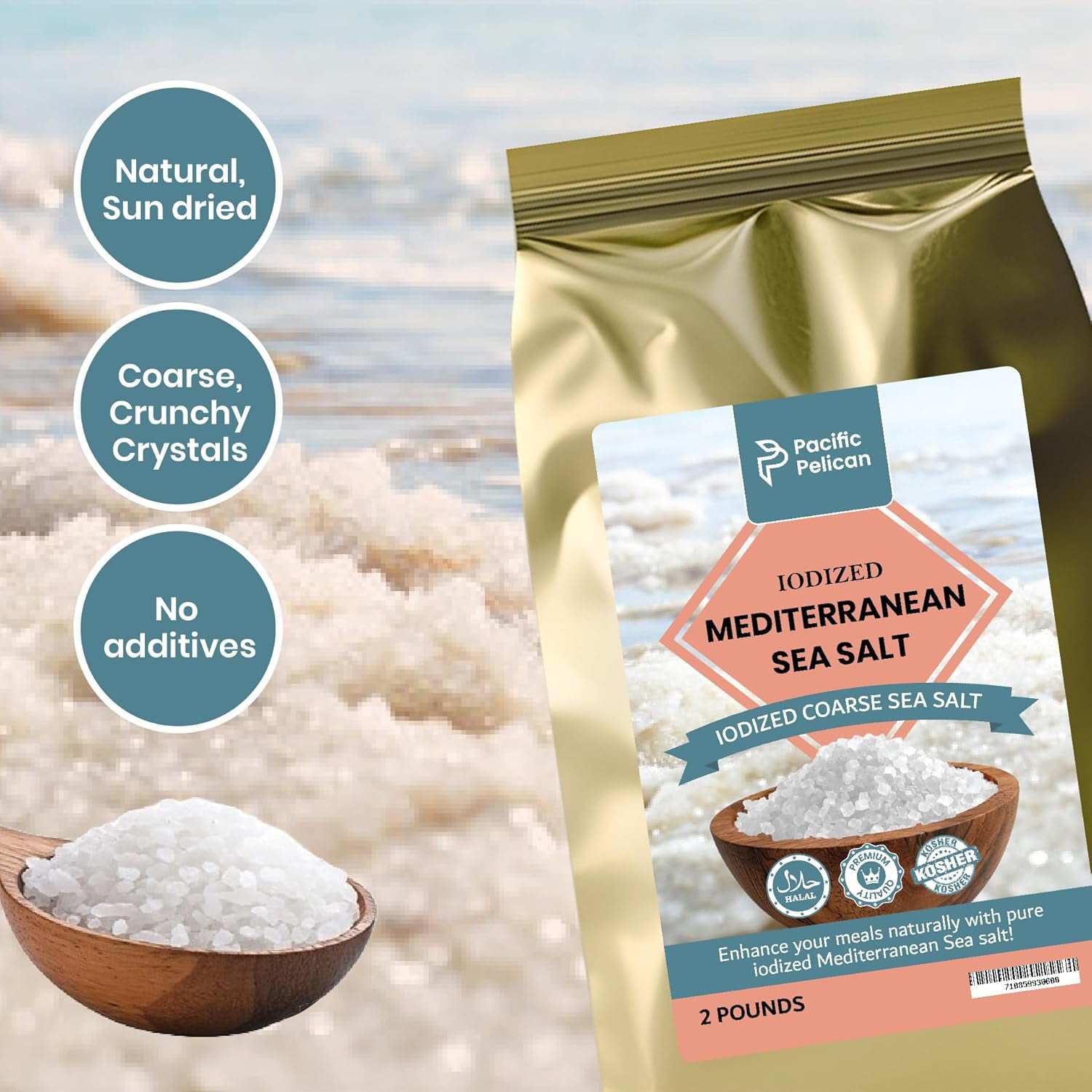 Pacific Pelican Iodized Mediterranean Sea Salt – 2 Pounds – Coarse Grain | Pack of 2 | Natural, Pure Sea Salt for Cooking, Seasoning & Wellness