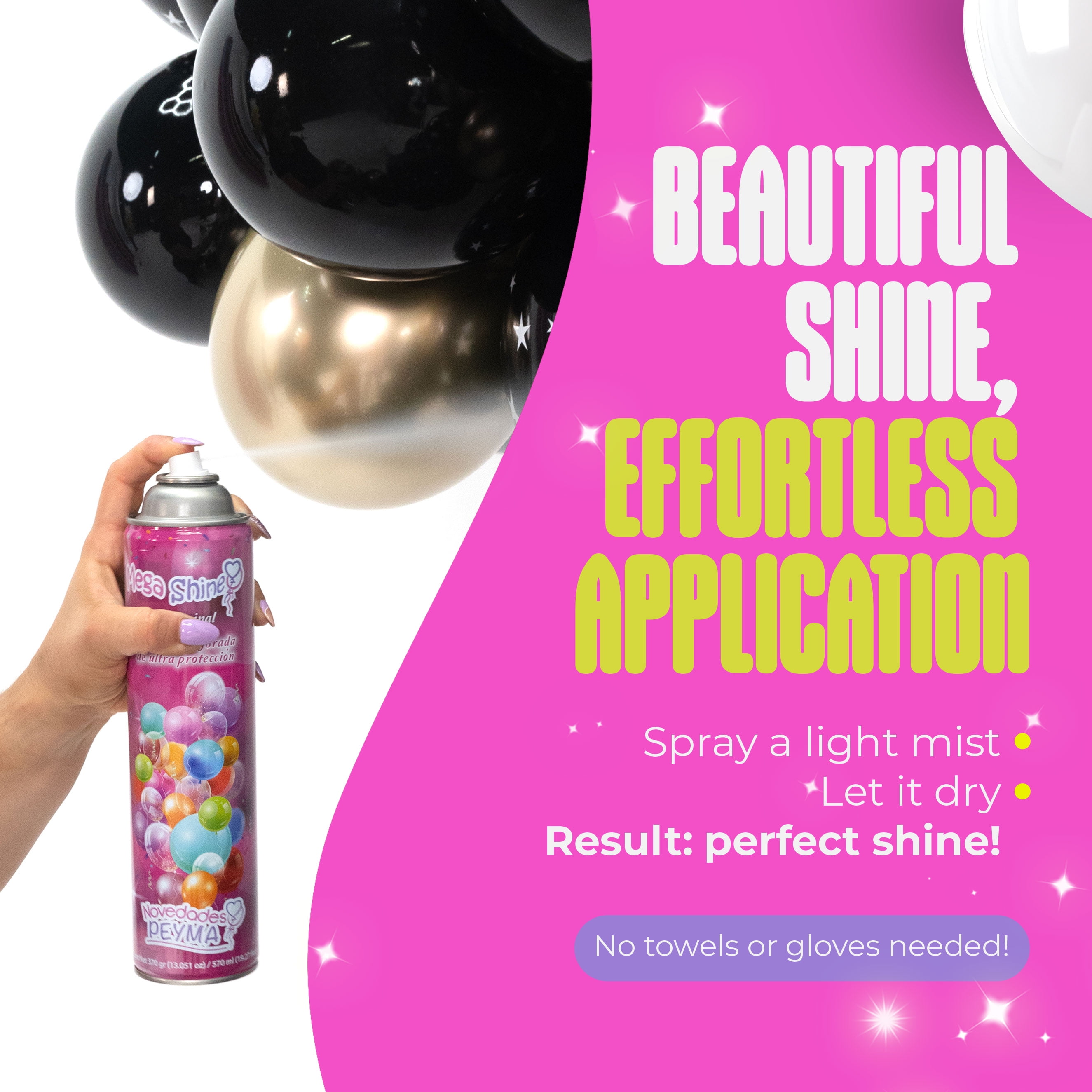 100 ⁠Sticky Dots Bundle with Mega Shine, Balloon Shine Spray, Silicone Spray, Waterproof Balloon Spray Shine, Cherry Scent, 570ml