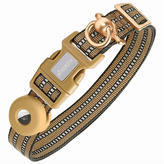 Nylon Striped Dog Collar with AirTag Holder, Khaki, Medium