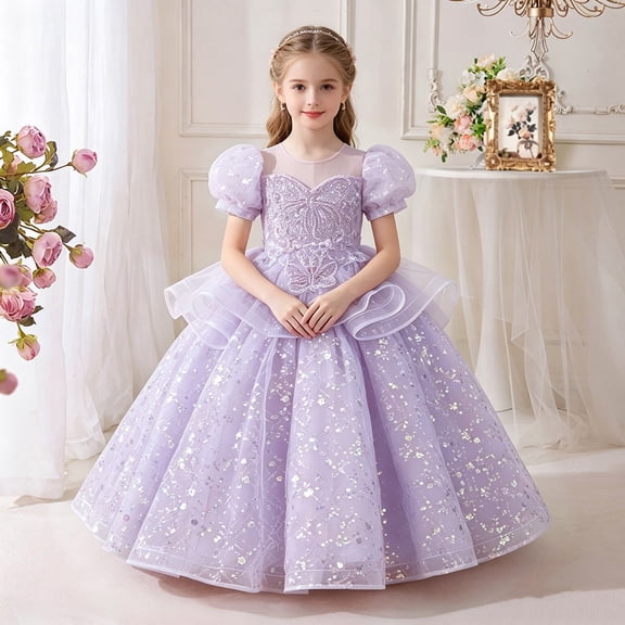 LEKWK Girls Princess Dress Sequin Puff Short Sleeve Sheer Mesh Tiered Pageant Gown Embroidery Ruffle Cute Dress for Flower Girl Wedding Birthday Party 3-14Y