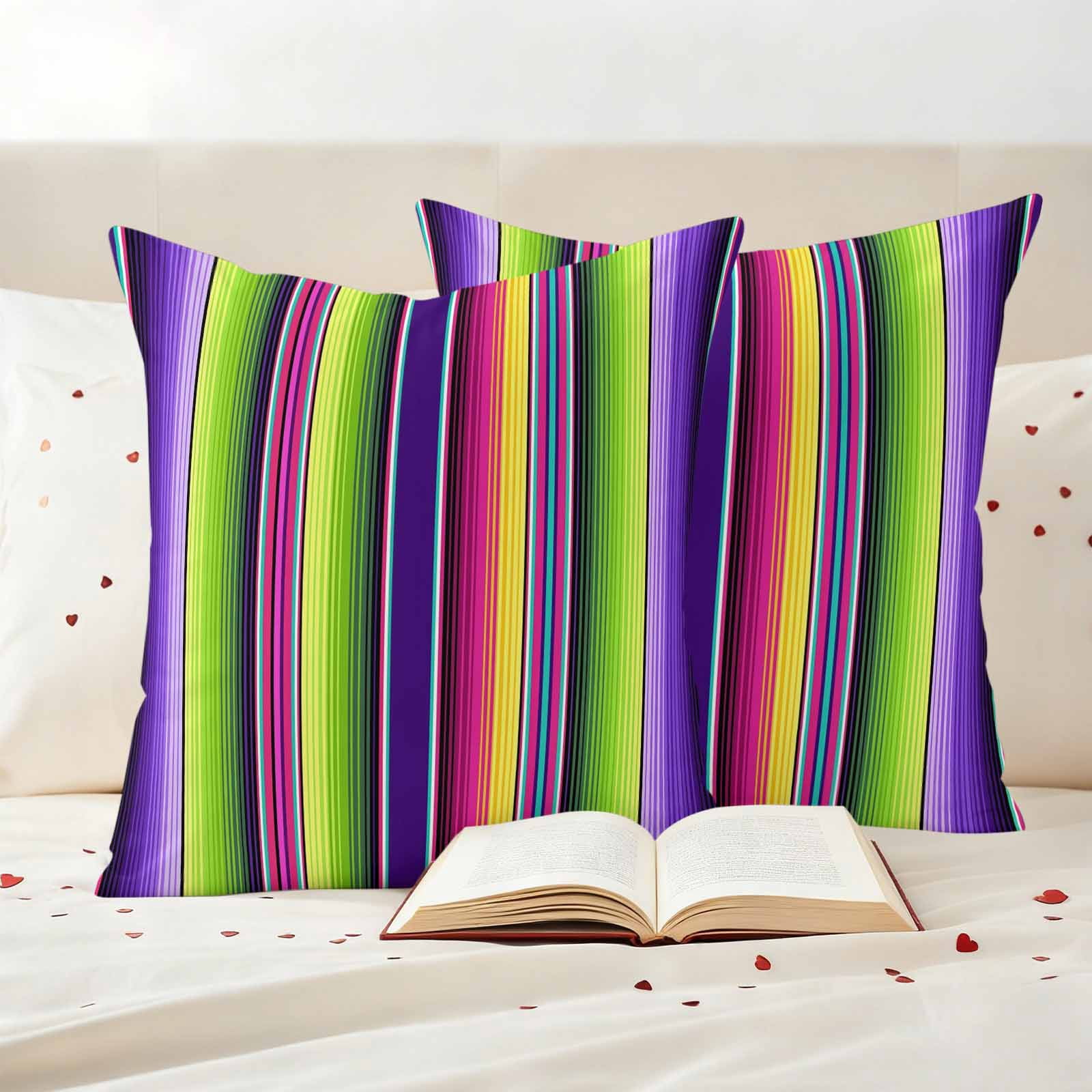 Mexican Style Outdoor Waterproof Throw Pillow Covers 20x20 Set of 2, Colorful Mexico Stripes Purple Green Decorative Pillowcases Cushion Pillowcase for Couch Sofa Patio Outside Pillow Protector